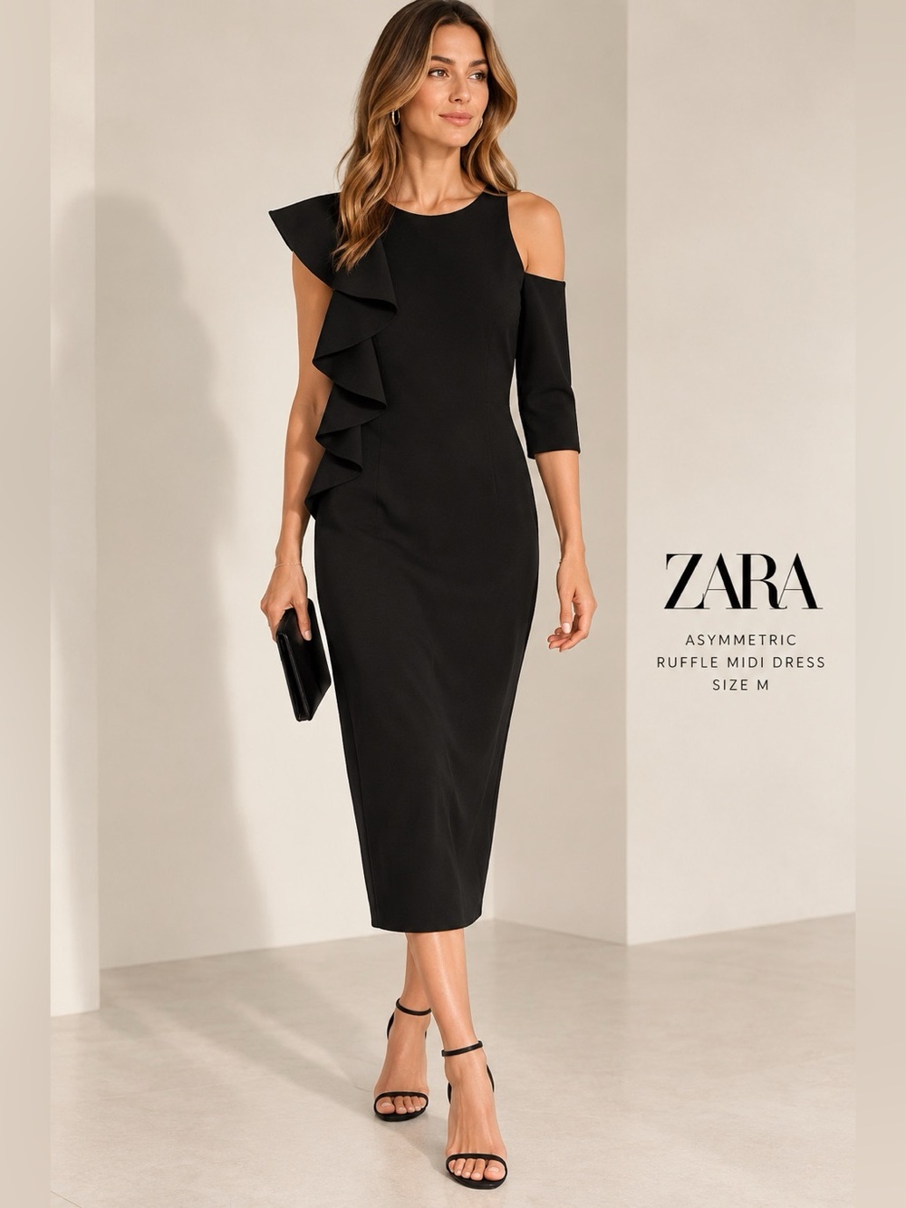 Zara Black Asymmetric Ruffle Sleeveless Midi Dress Size M